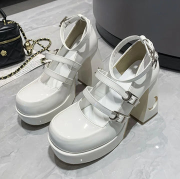 Xajzpa Pumps Lolita Shoes Platform Mary Jane Shoes Star Buckle Strap Women Cross-tied Pu Leather Girls Rivet Casual Shoes Kawaii